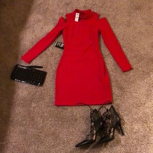 Express Red Shoulder Cut Out Long Sleeved Dress
